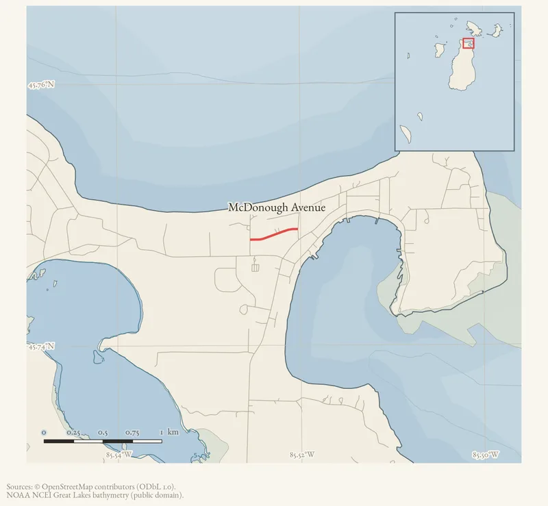 Locator map: McDonough Avenue highlighted within the Beaver Island archipelago