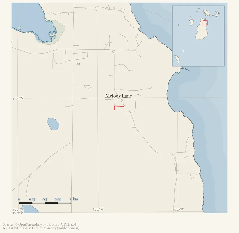 Locator map: Melody Lane highlighted within the Beaver Island archipelago