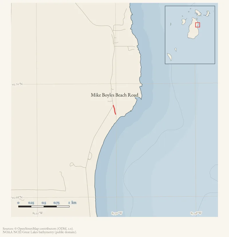 Locator map: Mike Boyles Beach Road highlighted within the Beaver Island archipelago
