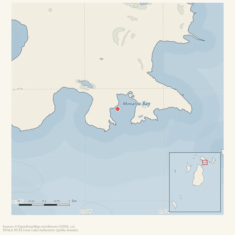 Locator map: Monatou Bay highlighted within the Beaver Island archipelago