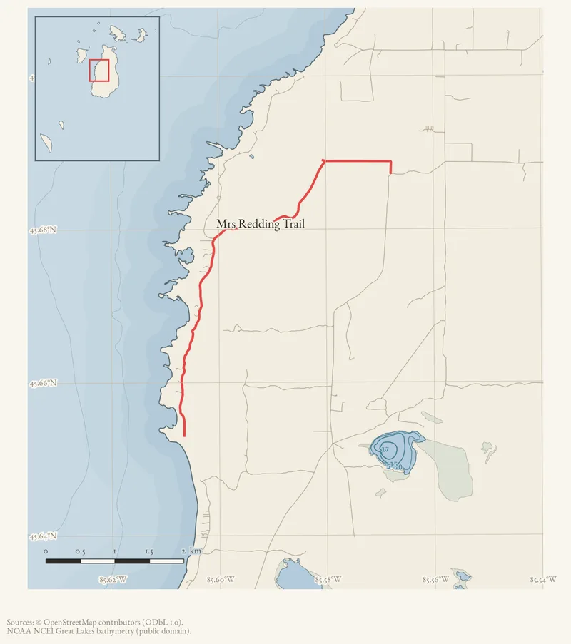 Locator map: Mrs Redding Trail highlighted within the Beaver Island archipelago