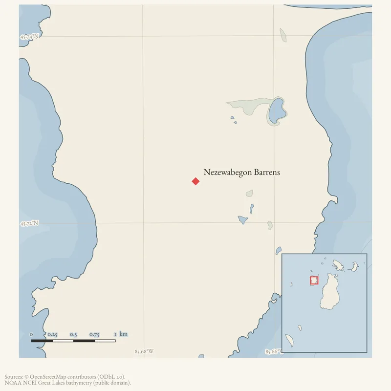 Locator map: Nezewabegon Barrens highlighted within the Beaver Island archipelago