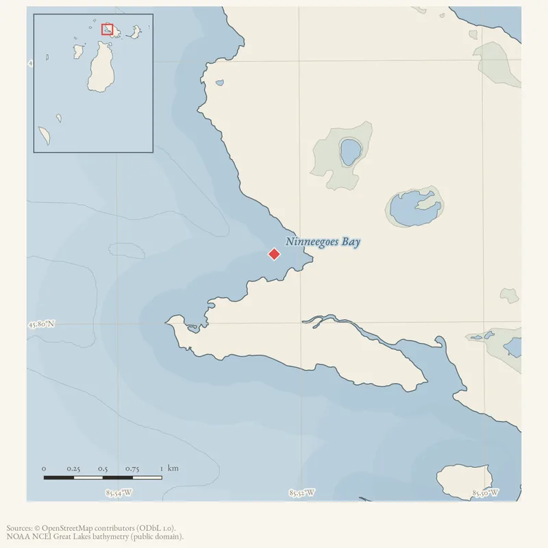 Locator map: Ninneegoes Bay highlighted within the Beaver Island archipelago