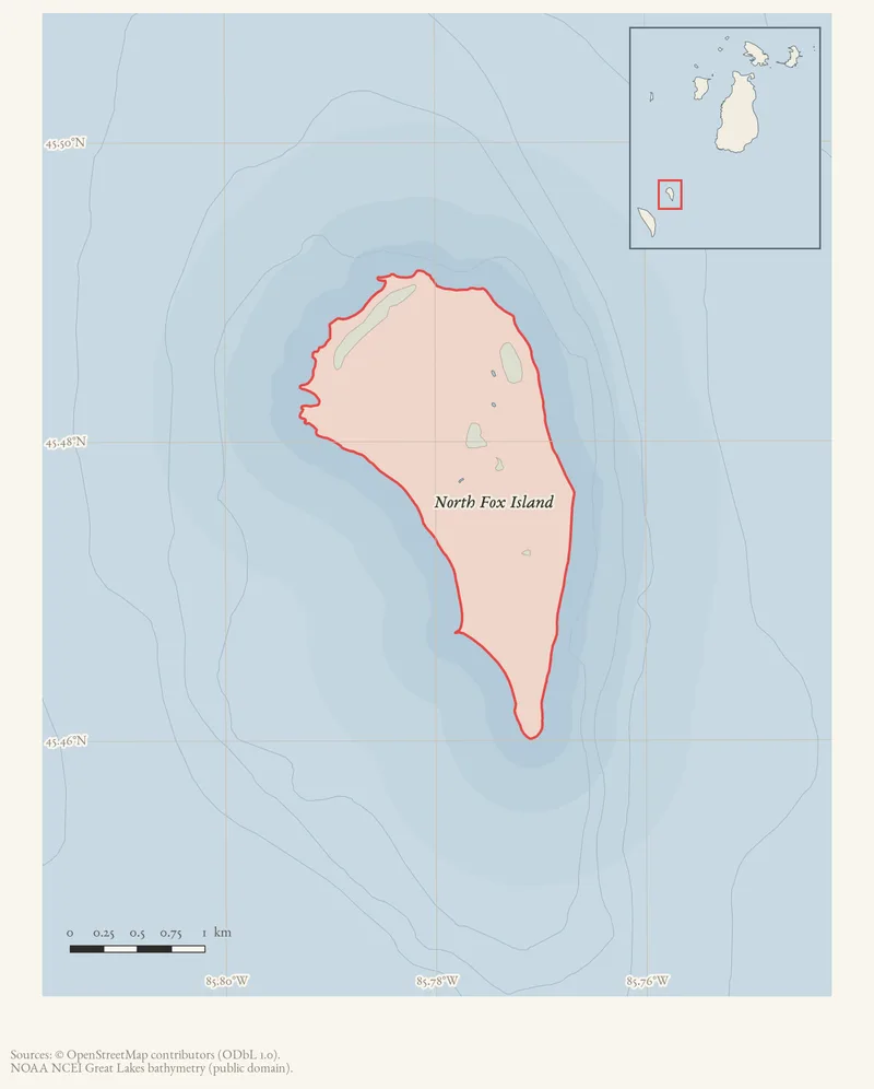 Locator map: North Fox Island highlighted within the Beaver Island archipelago