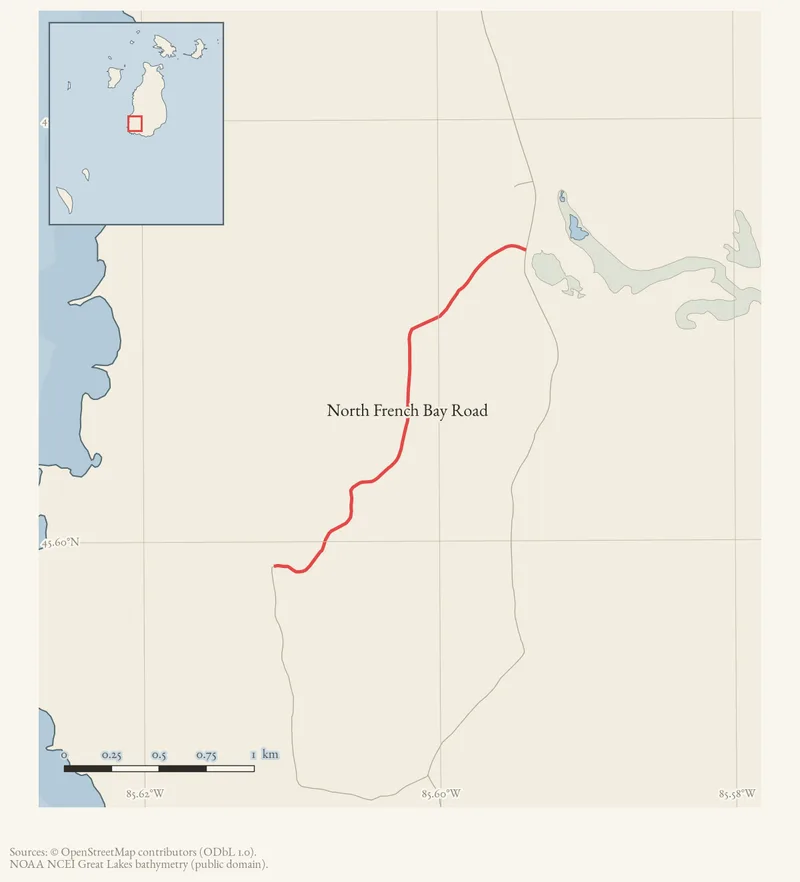 Locator map: North French Bay Road highlighted within the Beaver Island archipelago