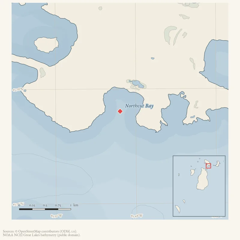 Locator map: Northcut Bay highlighted within the Beaver Island archipelago