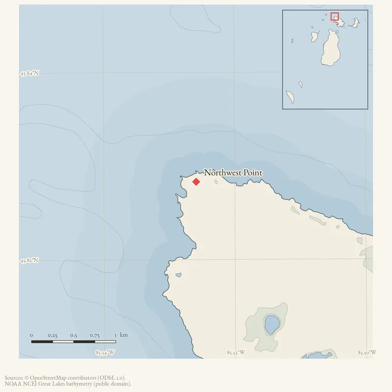 Locator map: Northwest Point highlighted within the Beaver Island archipelago