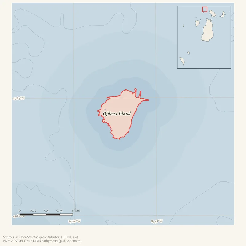 Locator map: Ojibwa Island highlighted within the Beaver Island archipelago