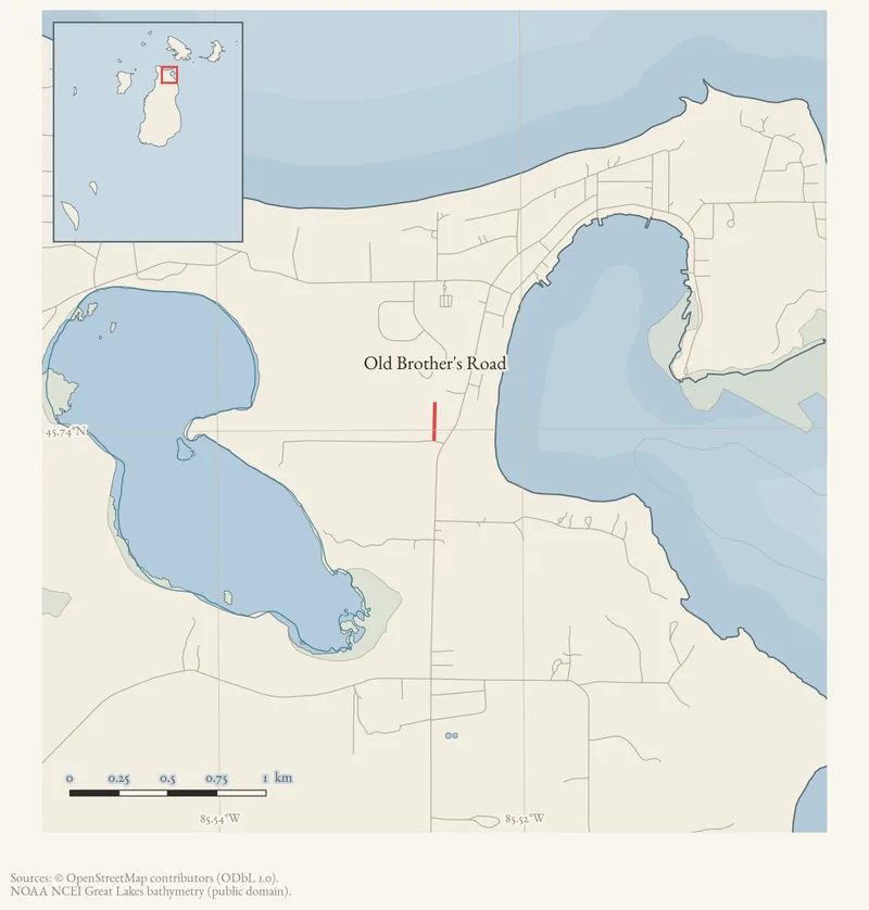 Locator map: Old Brother's Road highlighted within the Beaver Island archipelago