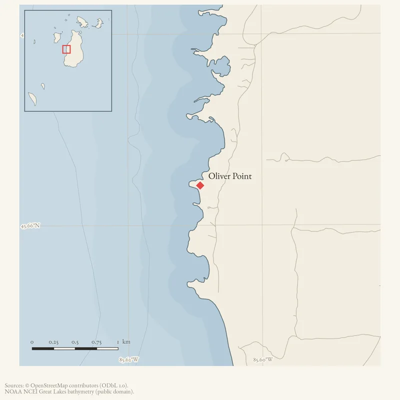 Locator map: Oliver Point highlighted within the Beaver Island archipelago