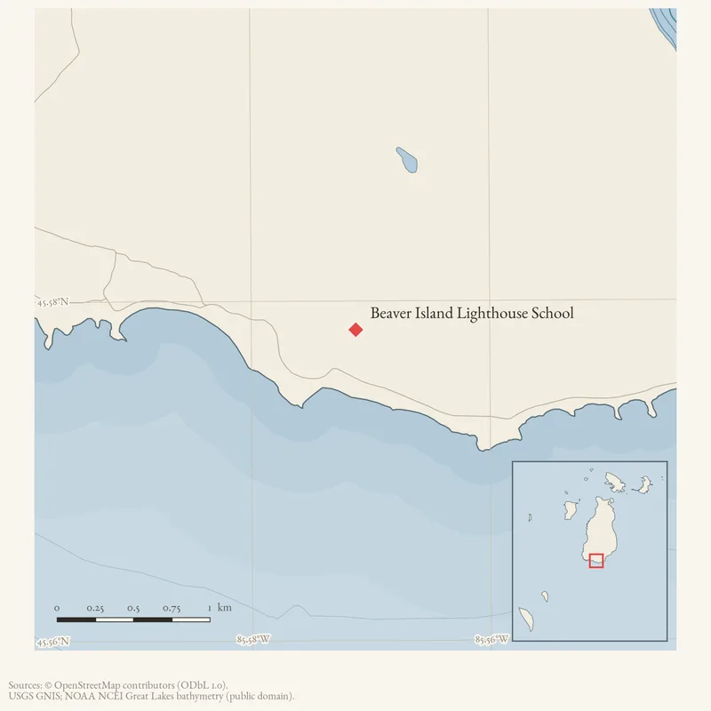 Locator map: Beaver Island Lighthouse School highlighted within the Beaver Island archipelago