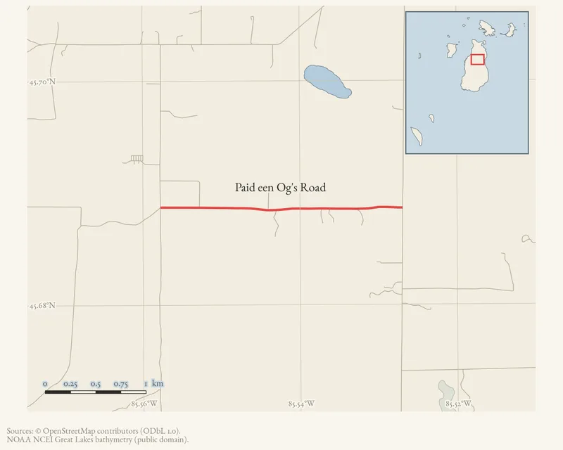Locator map: Paid een Og's Road highlighted within the Beaver Island archipelago