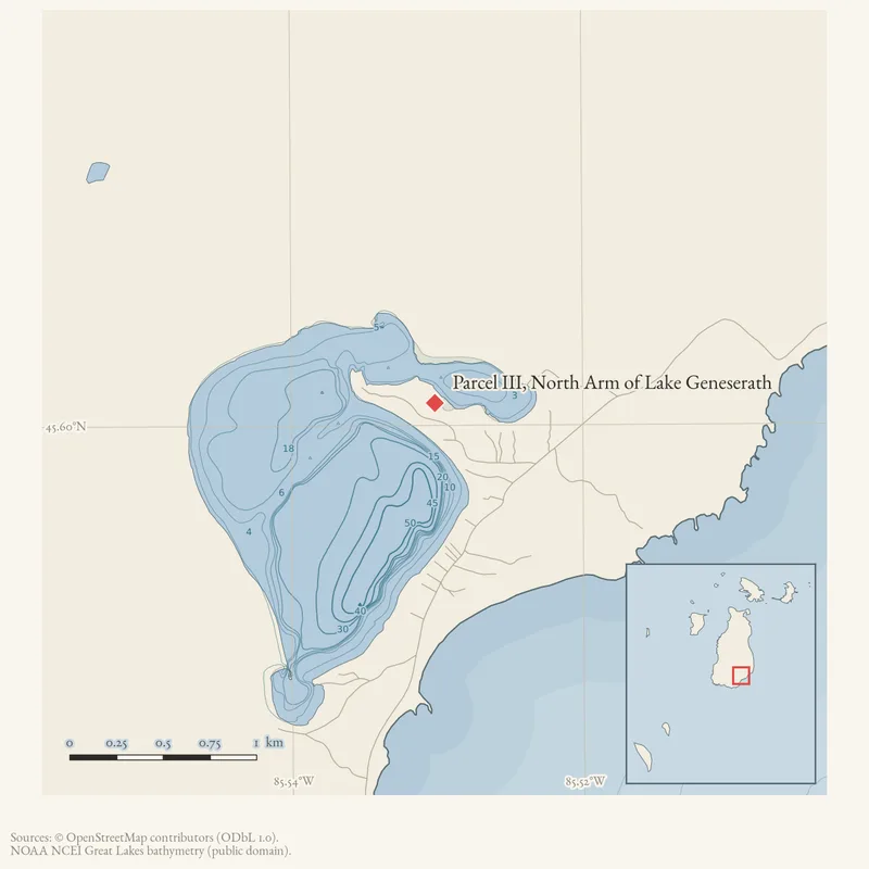 Locator map: Parcel III, North Arm of Lake Geneserath highlighted within the Beaver Island archipelago