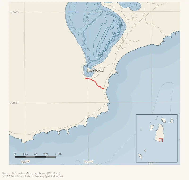 Locator map: Pat's Road highlighted within the Beaver Island archipelago