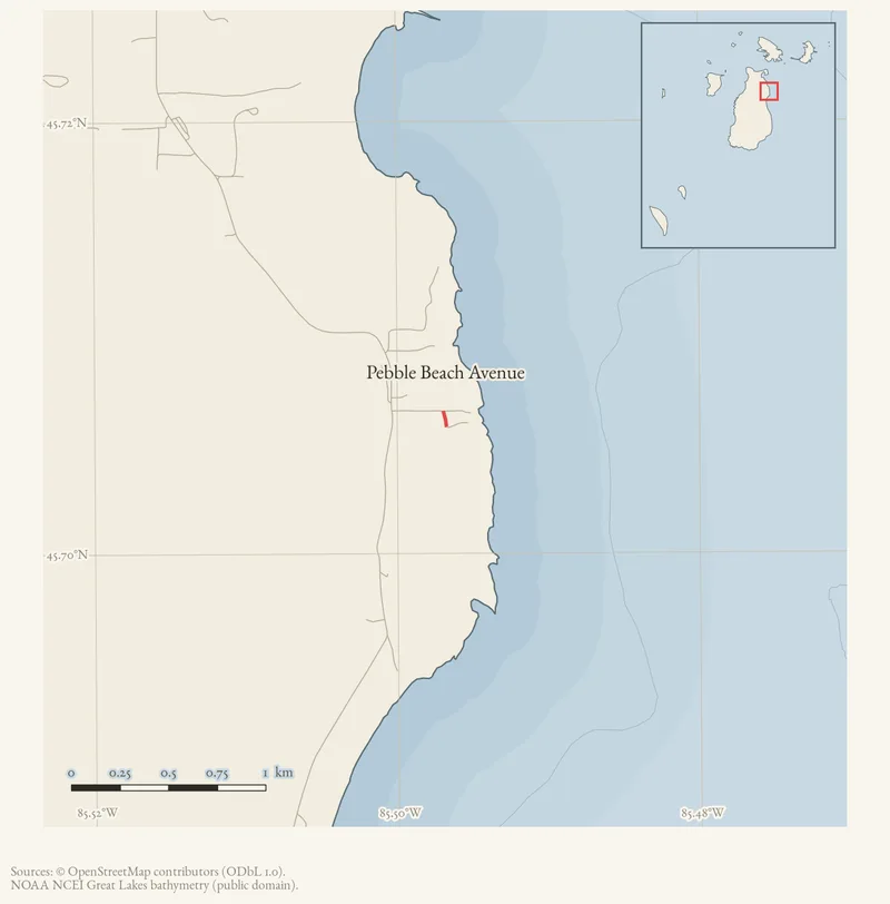 Locator map: Pebble Beach Avenue highlighted within the Beaver Island archipelago