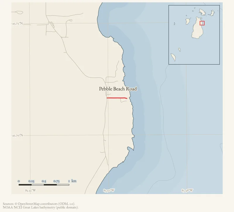 Locator map: Pebble Beach Road highlighted within the Beaver Island archipelago