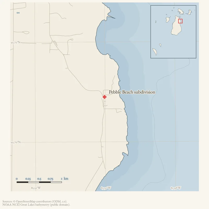 Locator map: Pebble Beach subdivision highlighted within the Beaver Island archipelago