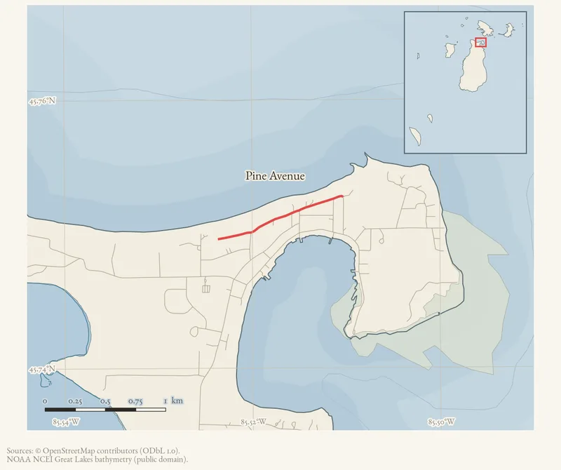 Locator map: Pine Avenue highlighted within the Beaver Island archipelago