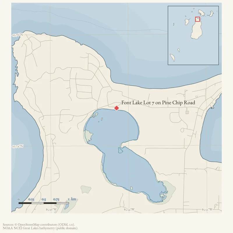 Locator map: Font Lake Lot 7 on Pine Chip Road highlighted within the Beaver Island archipelago