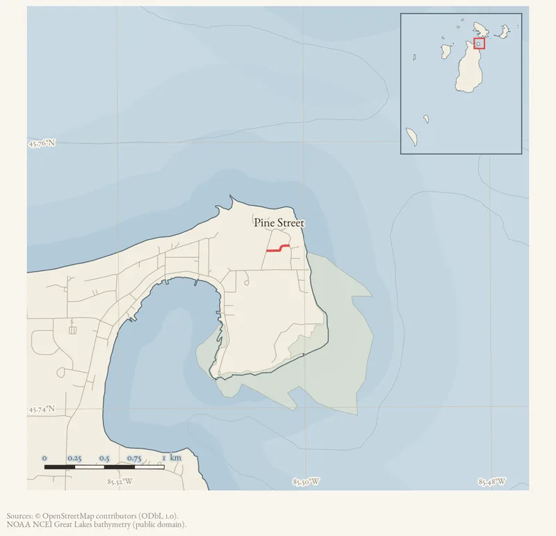 Locator map: Pine Street highlighted within the Beaver Island archipelago