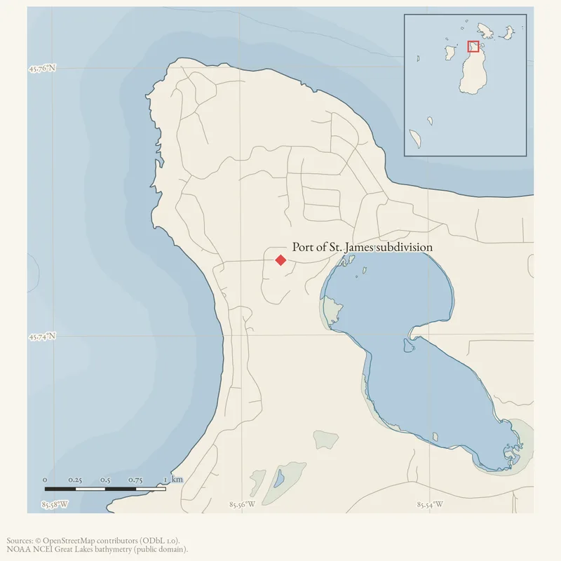 Locator map: Port of St. James subdivision highlighted within the Beaver Island archipelago