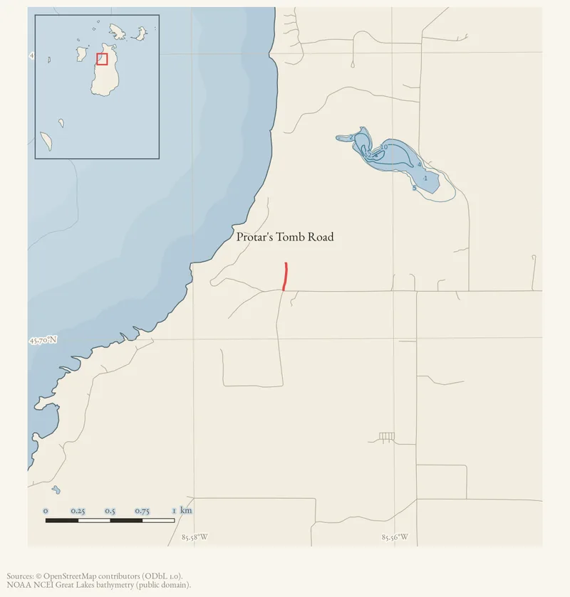 Locator map: Protar's Tomb Road highlighted within the Beaver Island archipelago