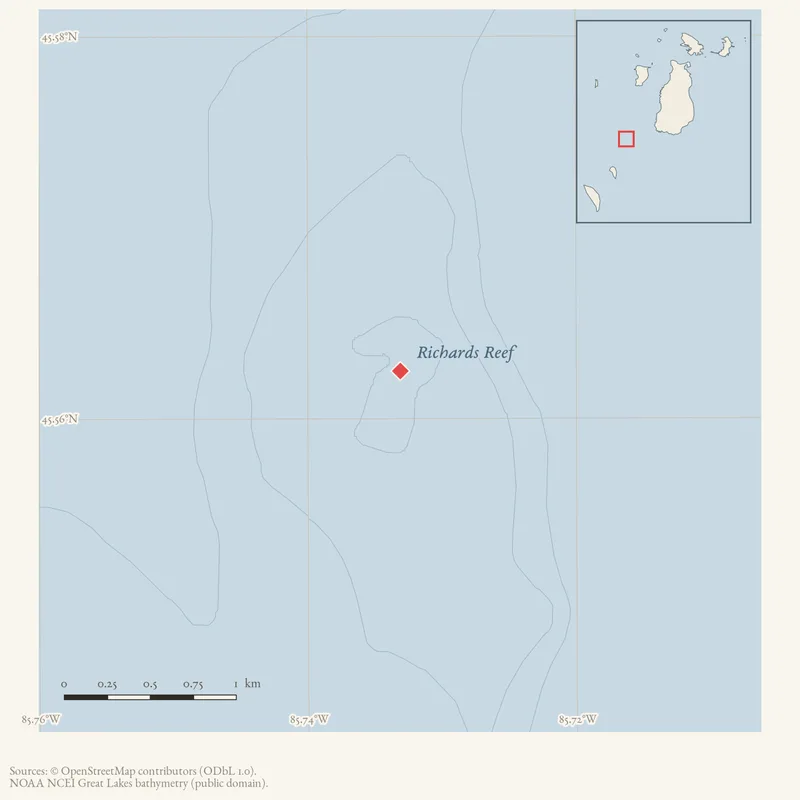 Locator map: Richards Reef highlighted within the Beaver Island archipelago