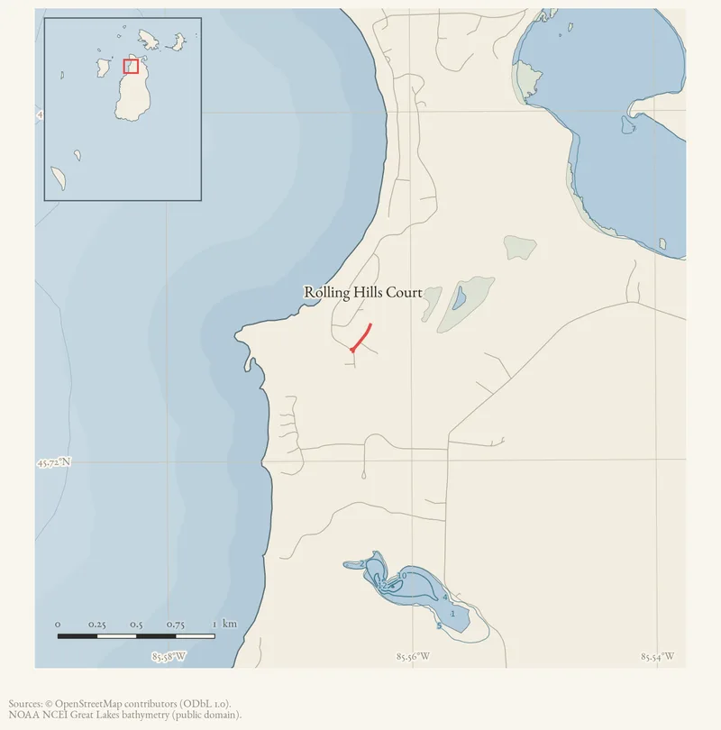 Locator map: Rolling Hills Court highlighted within the Beaver Island archipelago