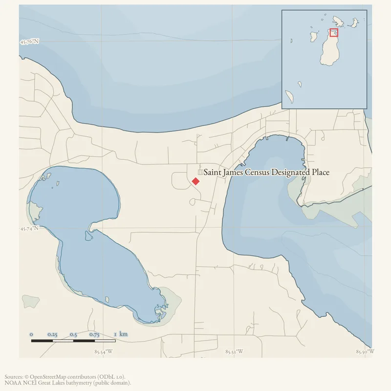 Locator map: Saint James Census Designated Place highlighted within the Beaver Island archipelago