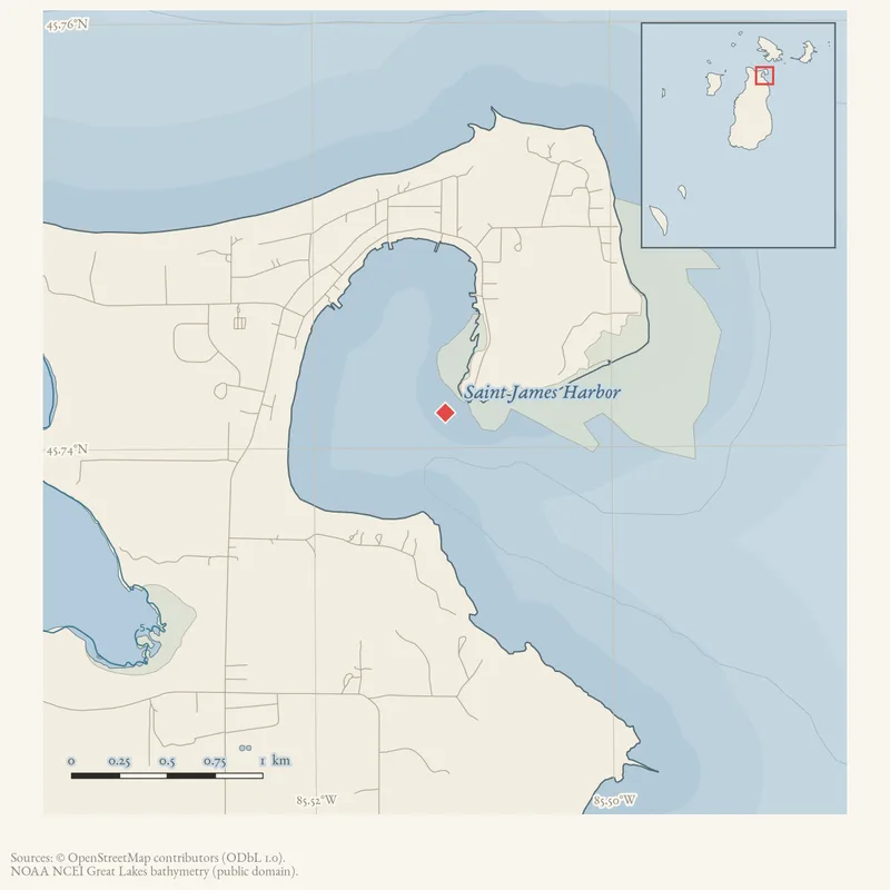 Locator map: Saint James Harbor highlighted within the Beaver Island archipelago