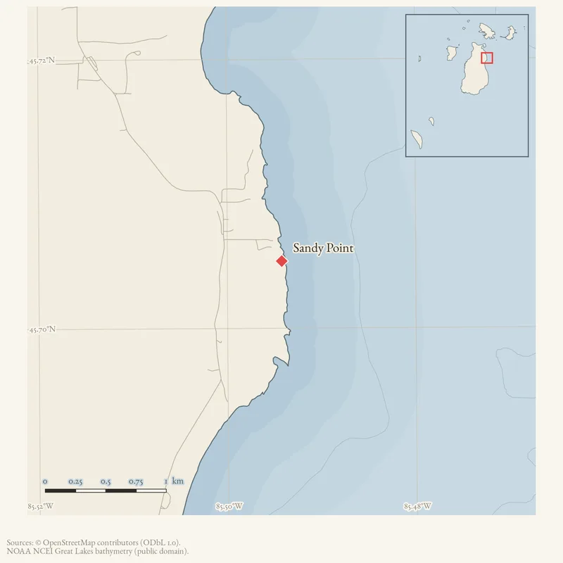 Locator map: Sandy Point highlighted within the Beaver Island archipelago