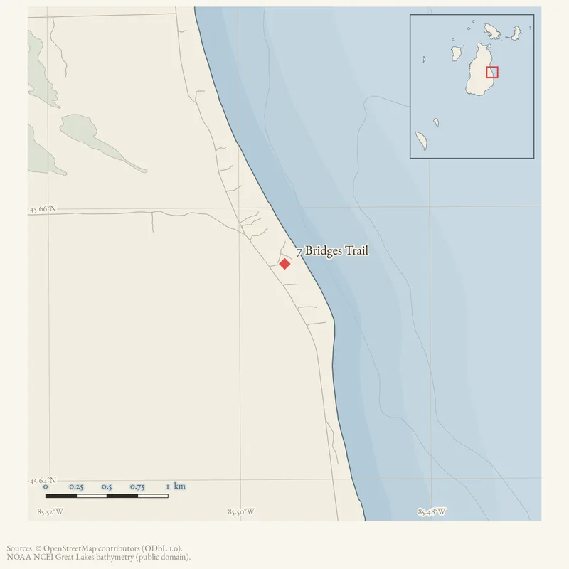 Locator map: 7 Bridges Trail highlighted within the Beaver Island archipelago