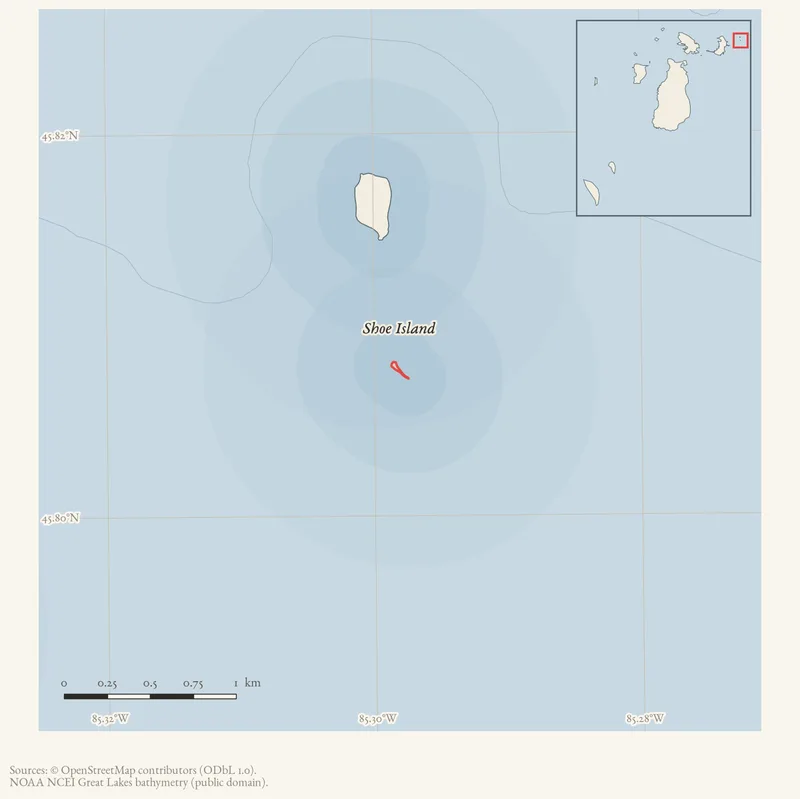 Locator map: Shoe Island highlighted within the Beaver Island archipelago