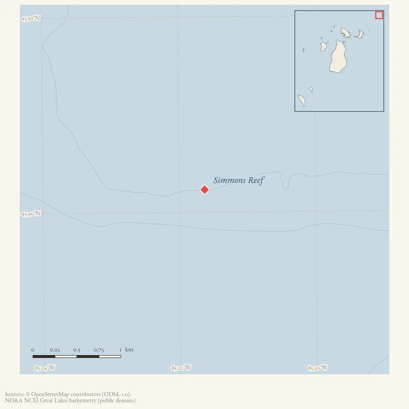 Locator map: Simmons Reef highlighted within the Beaver Island archipelago