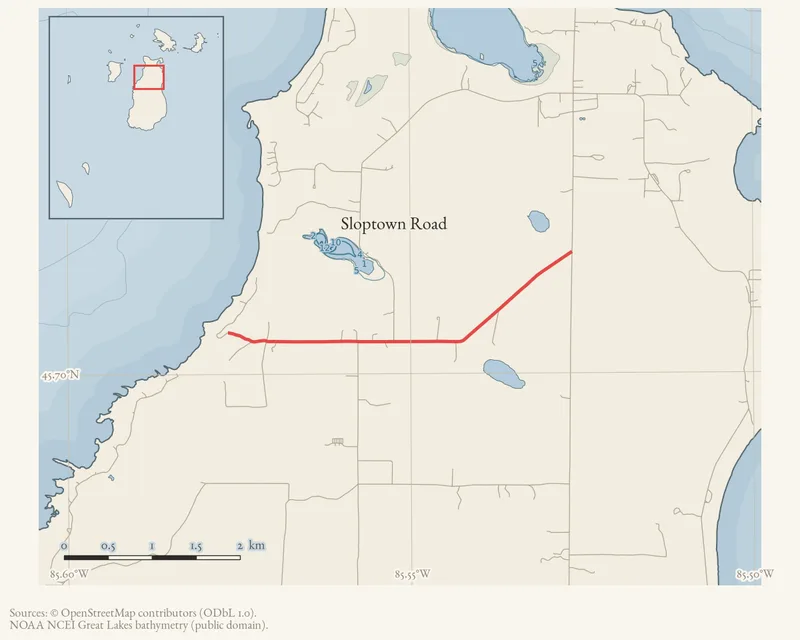 Locator map: Sloptown Road highlighted within the Beaver Island archipelago