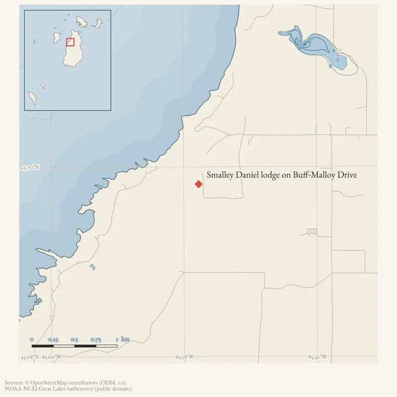 Locator map: Smalley Daniel lodge on Buff-Malloy Drive highlighted within the Beaver Island archipelago