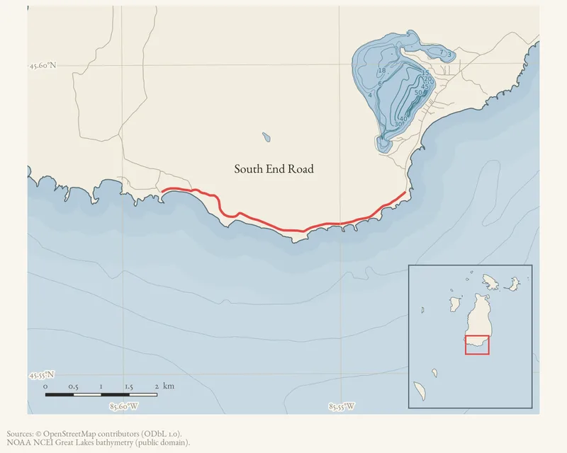 Locator map: South End Road highlighted within the Beaver Island archipelago