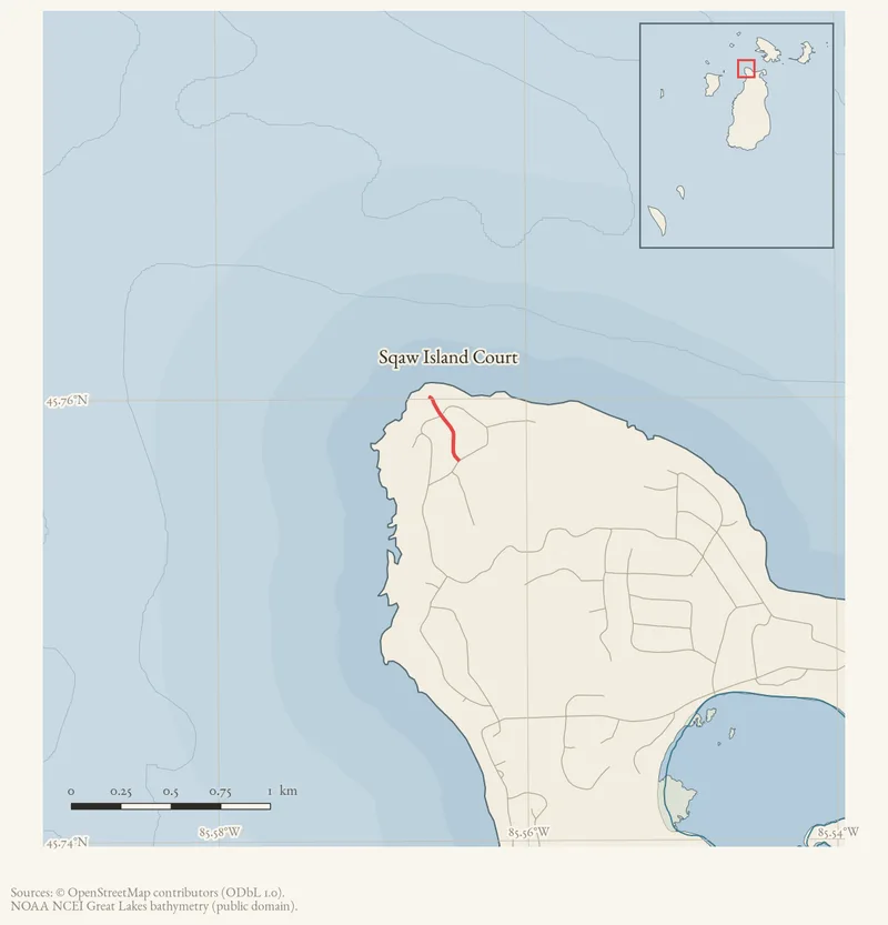 Locator map: Sqaw Island Court highlighted within the Beaver Island archipelago