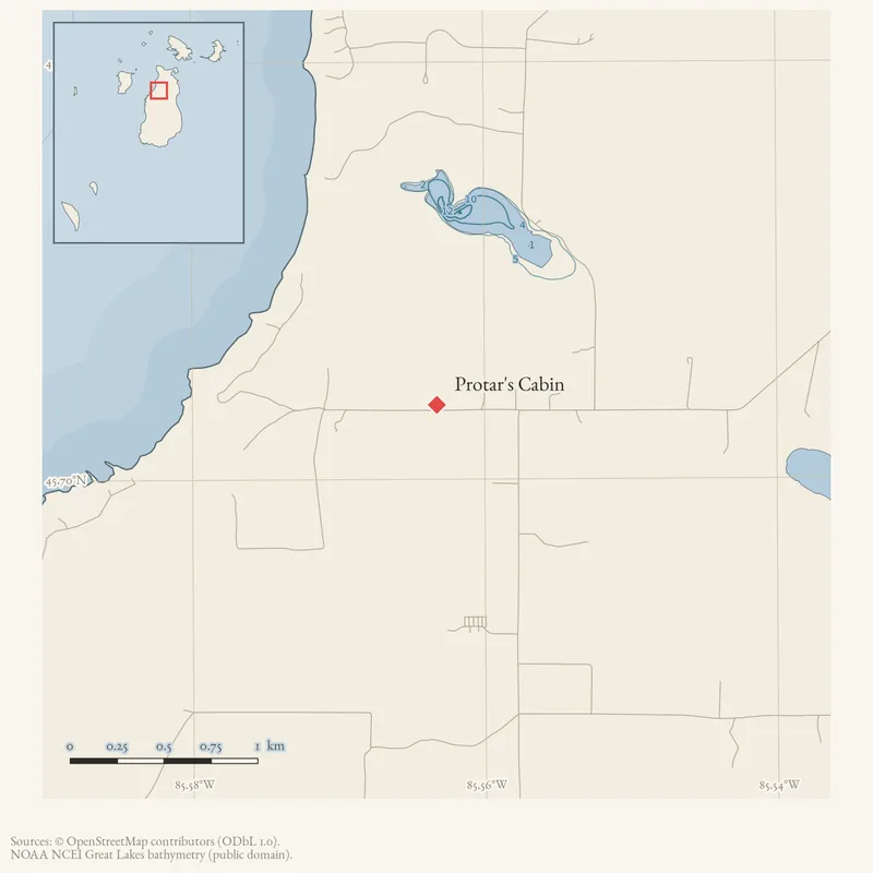Locator map: Protar's Cabin highlighted within the Beaver Island archipelago