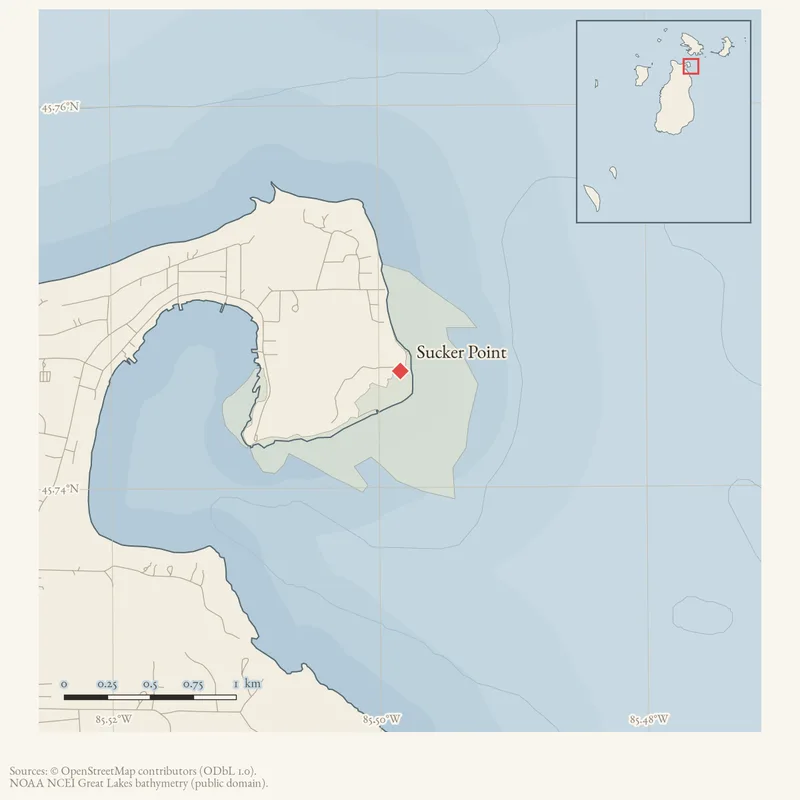 Locator map: Sucker Point highlighted within the Beaver Island archipelago