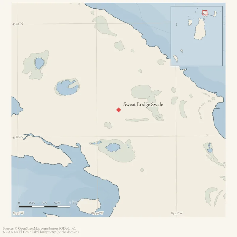 Locator map: Sweat Lodge Swale highlighted within the Beaver Island archipelago