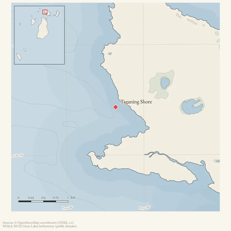Locator map: Taganing Shore highlighted within the Beaver Island archipelago