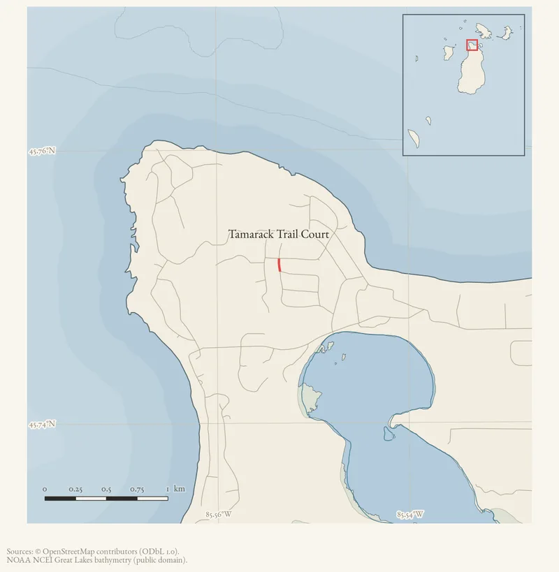 Locator map: Tamarack Trail Court highlighted within the Beaver Island archipelago