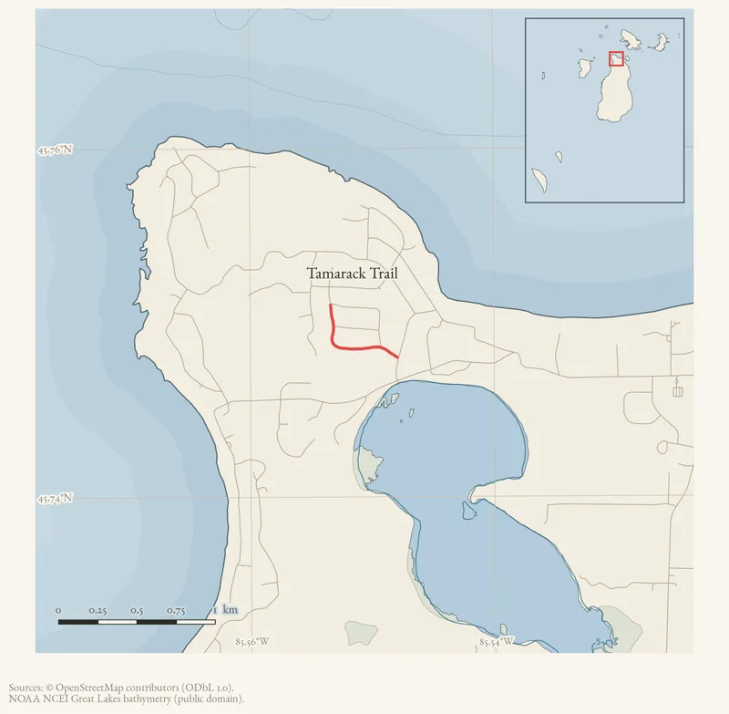 Locator map: Tamarack Trail highlighted within the Beaver Island archipelago
