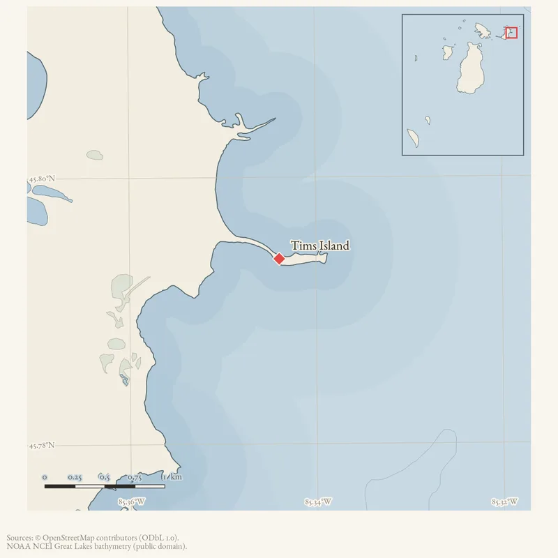 Locator map: Tims Island highlighted within the Beaver Island archipelago