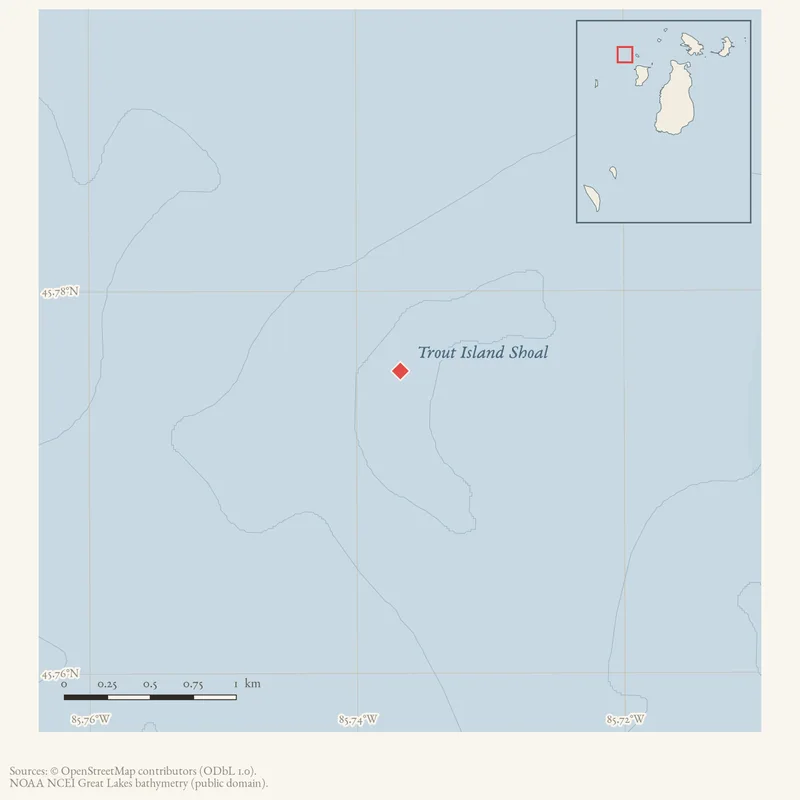 Locator map: Trout Island Shoal highlighted within the Beaver Island archipelago