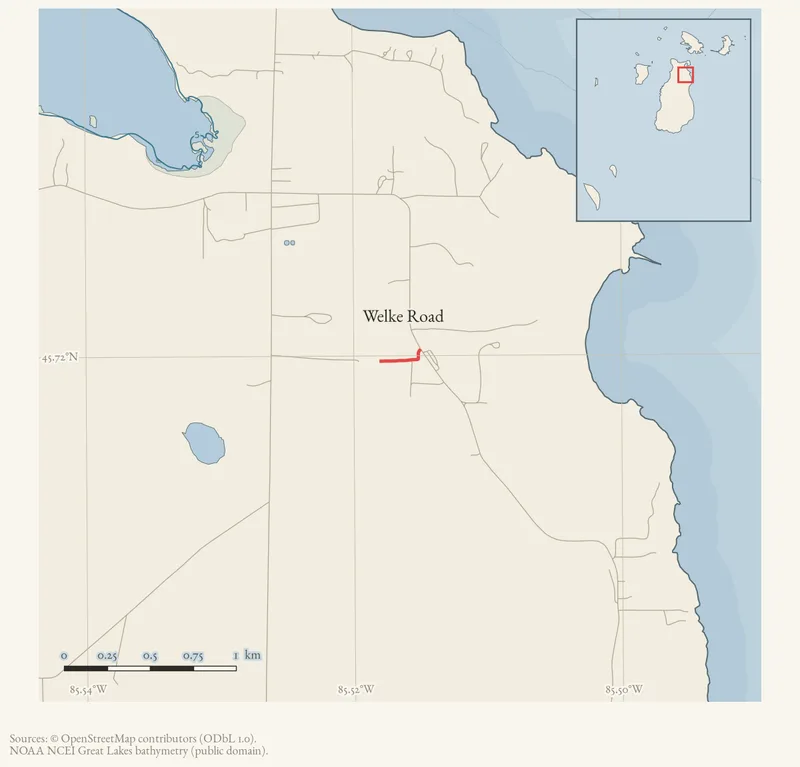 Locator map: Welke Road highlighted within the Beaver Island archipelago