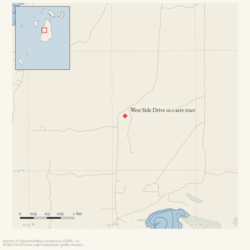 Locator map: West Side Drive 10.1-acre tract highlighted within the Beaver Island archipelago
