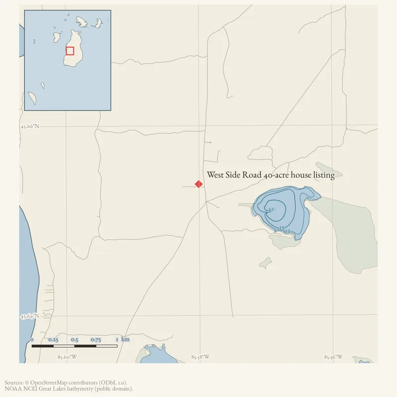 Locator map: West Side Road 40-acre house listing highlighted within the Beaver Island archipelago