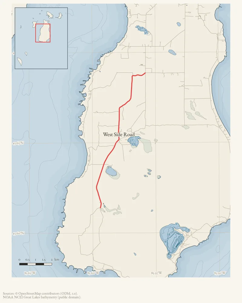 Locator map: West Side Road highlighted within the Beaver Island archipelago